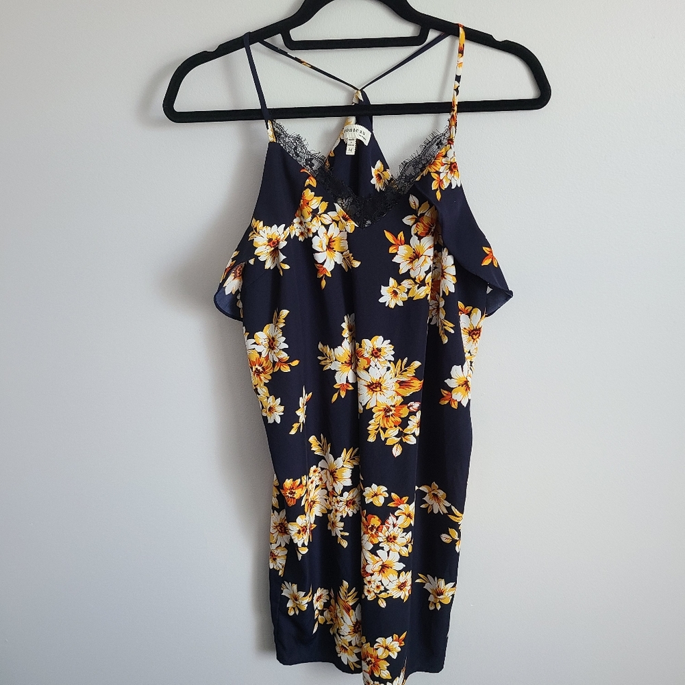 MONTEAU Navy Blue &Yellow  Floral Halter Dress